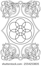 Luxury sacred geometry  flower of life art nouveau style illustration. Tarot deck design. Romantic esoteric vector art.