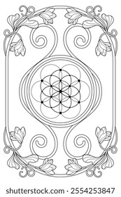 Luxury sacred geometry  flower of life art nouveau style illustration. Tarot deck design. Romantic esoteric vector art.