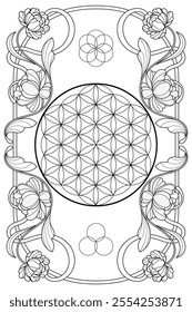 Luxury sacred geometry  flower of life art nouveau style illustration. Tarot deck design. Romantic esoteric vector art.