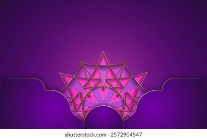 Luxury Sacred Mandala template. Geometric Flower design element isolated on purple background. Gold frame border pattern, copy space for text. Vector illustration banner, decoration, business