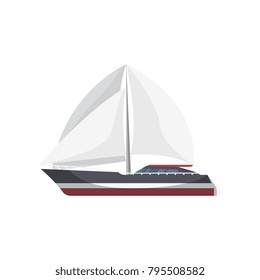 Luxury sailboat side view isolated icon. Marine passenger cruise ship, worldwide yachting, nautical sport competition, sea or ocean vessel vector illustration.