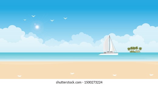 Luxury sailing ship yacht in the blue sea.Yachting active sport, Summer travel and holidays concept vector illustration.