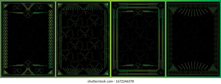 Luxury Saint Patrick's background set, with space for text. Vector illustrated vintage invitation, greeting cards in art deco with clover shape.