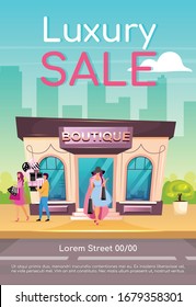 Luxury Sale Poster Flat Vector Template. Purchase Clothes With Discount. Buy Quality Garment. Brochure, Booklet One Page Concept Design With Cartoon Characters. Premium Boutique Flyer, Leaflet