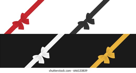 Luxury Satin Bows and Ribbons Horizontal Card. Black, White, Red, Gold Tape. Vector illustration. Eps 10