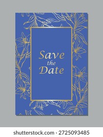 Guardar Tarjeta de lujo "la fecha" en azul real. Flores del lirio del arte de la línea del oro y marco rectangular, Plantilla del Vector para la invitación de la boda.