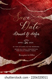 Luxury save the date wedding invitation template Maroon color background.