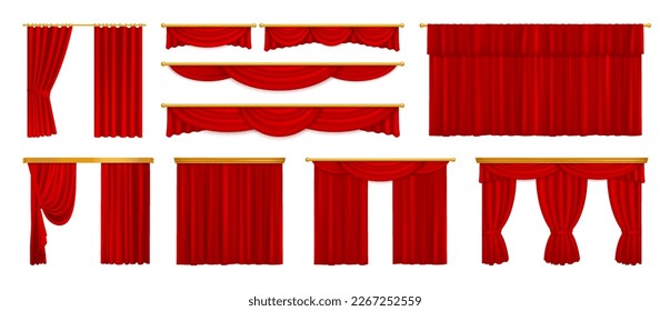 Luxuriöse, schraffierte, rote Seidensamtvorhänge und die Innendekoration. Set von Design-Ideen für die Theaterbühne innen. Realistische Symbolsammlung einzeln auf weißem Hintergrund. Vektorgrafik