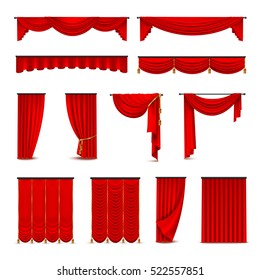 Роскошные алые красные шелковые бархатные шторы и драпировки интерьера дизайн идеи реалистичная коллекция иконок изолированные векторные иллюстрации