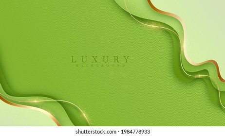 Luxury scene green color pastel. Golden curve lines sparkle with free space for paste promotional text. Elegant paper cut style background. Vector illustration for design.