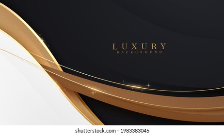 Luxury scene white overlapping brown on black color. Golden curve lines sparkle with free space for paste promotional text. Elegant paper cut style background . Vector illustration for design.