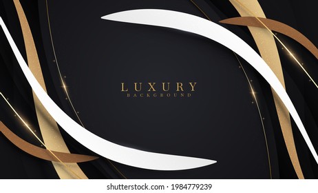 Luxury scene white overlapping brown on black color. Golden curve lines sparkle with free space for paste promotional text. Elegant paper cut style background. Vector illustration for design.