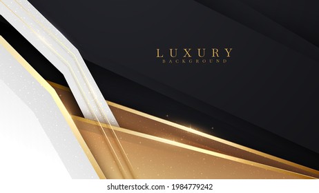 Luxury scene white overlapping brown on black color. Golden curve lines sparkle with free space for paste promotional text. Elegant paper cut style background. Vector illustration for design.