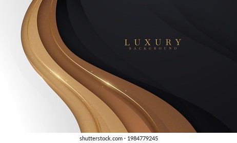 Luxury scene white overlapping brown on black color. Golden curve lines sparkle with free space for paste promotional text. Elegant paper cut style background. Vector illustration for design.
