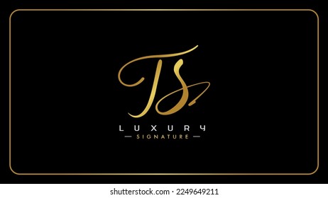 Luxury script letters TS T S signature logo template, Creative cursive modern Golden. Gold. Isolated on black background.