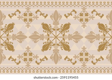 Luxury Scroll Ornament Border Embroidery Argyle Diamond Background. Autumn Royal Gold Fleur de lis Floral Pattern in Victorian Style. Delicate Rich Detailed Brocade Stripe Design for Fabrics Apparel