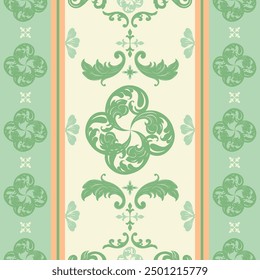 Luxury Scroll Ornament Illustration for Elegant Design Green Curly Leaves Petals Florals Buds Decoration. Silk Embroidery Border Pattern Stripe Elaborate Fancy Handicraft Brocade Design Fabrics Scarf.