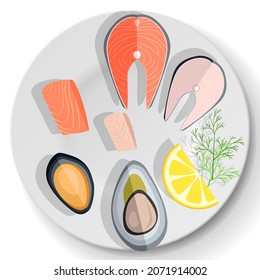 Luxury sea food on plate. Salmon, oyster, mussels and white fish platter. Expensive dish of fresh seafood. Dish for restaurant, dishware with food. Assorted seafood on plate vector illustration