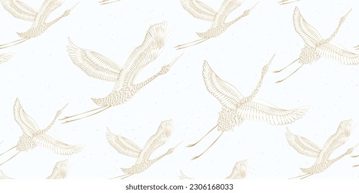 Luxury seamless art background with crane birds with golden elements in line style. Animal banner in oriental style for decoration, wallpaper, interior design, packaging, poster, print.