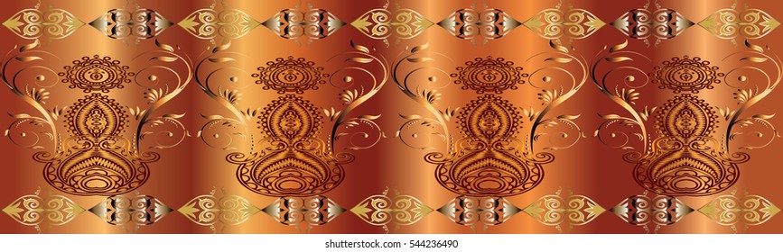 Luxury seamless border. Vector floral seamless pattern background wallpaper with vintage decorative gold 3d paisley flowers, leaves and antique ornaments. Endless elegant rich texture.