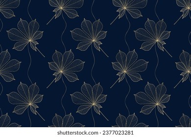 Luxury seamless botanical pattern with golden chestnut leaves on a dark blue background. Pattern for textiles, wrapping paper, wallpaper, covers and backgrounds.