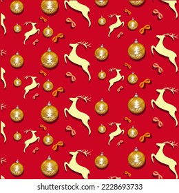 Luxury seamless Christmas pattern on red background. Golden Christmas balls and reindeer. Vector design for background and design.