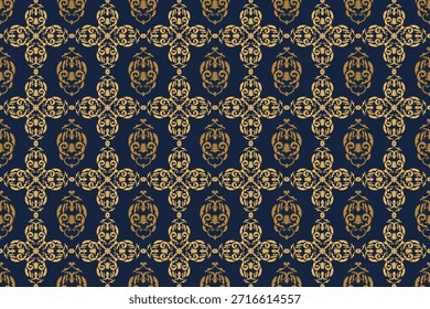 Patrón ornamental clásico sin costuras de lujo con motivos decorativos dorados sobre fondo azul marino profundo. Elegante diseño vintage ideal para Fondo de pantalla, tela, textil, decoración de interiores y marca premium.