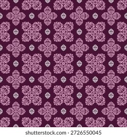 Luxuriöses nahtloses Damast-Muster mit aufwändigen Blumenornamenten in violetten Tönen. Ideal für Tapete, Stoff, Mode und elegantes Hintergrunddesign.