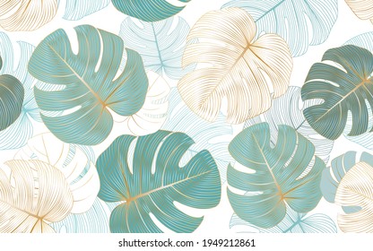 Luxury seamless floral background with golden monstera leaves. Romantic pattern template for wall decor.
