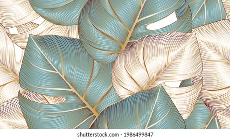 Luxury seamless floral background with golden monstera leaves. Romantic pattern template for wall decor.