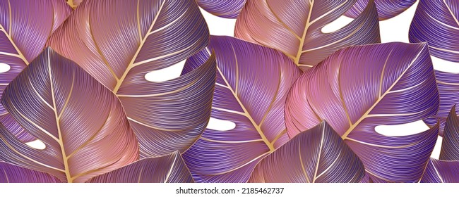 Luxury seamless floral background with golden monstera leaves. Romantic pattern template for wall decor.