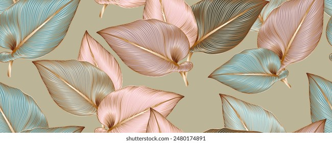 Luxury seamless floral background with golden leaves. Romantic pattern template for wall decor.