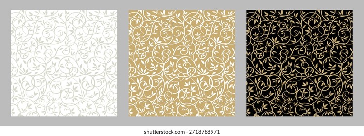 Luxury Seamless Floral Pattern Collection with Elegant Swirls and Leaves in Gold, White, and Black Colors; Premium Damask Vector Ornament Set for Wedding Backgrounds and Textiles