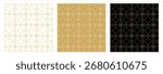 Luxury seamless geometric circle lattice patterns, elegant gold, black, and white line art variations, modern decorative abstract wallpaper texture set
