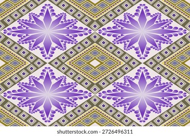  Luxuriöse nahtlose geometrische Blumenmuster mit strahlenden sternförmigen Motiven mit geschichteten Blütenblättern. Das Design kombiniert symmetrische Diamantraster mit sanften Farbverlauf-Blütenelementen in eleganten Violett- und Lavendeltönen, die durch neutrale und erdige geometrische Rahmen hervorgehoben werden. Dieses raffinierte und zeitgenössische ethnisch inspirierte Muster eignet sich ideal für Premium-Textilien, Modestoffe, Tapeten, Innendekoration, Oberflächenmuster-Design, Verpackungen und gehobene Branding-Projekte.