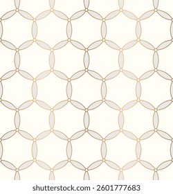 Luxury seamless geometric pattern of gold lines and circle shape forming a repeating honeycomb design on cream background.
