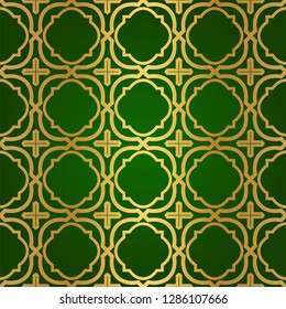 Luxury Seamless Geometrical Linear Texture. Original Geometrical Puzzle. Backdrop. Vector illustration. Green gold color. Design For Prints, Textile, Decor, Fabric