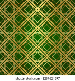 Luxury Seamless Geometrical Linear Texture. Original Geometrical Puzzle. Backdrop. Vector illustration. Green gold color. Design For Prints, Textile, Decor, Fabric
