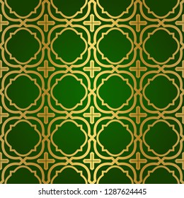 Luxury Seamless Geometrical Linear Texture. Original Geometrical Puzzle. Backdrop. Vector illustration. Green gold color. Design For Prints, Textile, Decor, Fabric