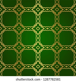 Luxury Seamless Geometrical Linear Texture. Original Geometrical Puzzle. Backdrop. Vector illustration. Green gold color. Design For Prints, Textile, Decor, Fabric