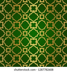 Luxury Seamless Geometrical Linear Texture. Original Geometrical Puzzle. Backdrop. Vector illustration. Green gold color. Design For Prints, Textile, Decor, Fabric