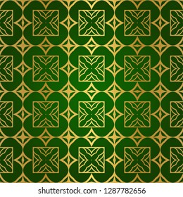Luxury Seamless Geometrical Linear Texture. Original Geometrical Puzzle. Backdrop. Vector illustration. Green gold color. Design For Prints, Textile, Decor, Fabric