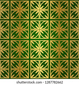 Luxury Seamless Geometrical Linear Texture. Original Geometrical Puzzle. Backdrop. Vector illustration. Green gold color. Design For Prints, Textile, Decor, Fabric