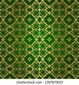 Luxury Seamless Geometrical Linear Texture. Original Geometrical Puzzle. Backdrop. Vector illustration. Green gold color. Design For Prints, Textile, Decor, Fabric