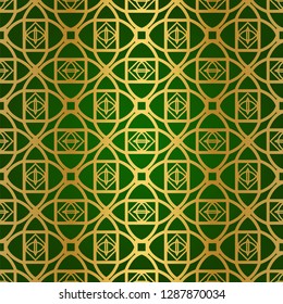 Luxury Seamless Geometrical Linear Texture. Original Geometrical Puzzle. Backdrop. Vector illustration. Green gold color. Design For Prints, Textile, Decor, Fabric