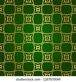 Luxury Seamless Geometrical Linear Texture. Original Geometrical Puzzle. Backdrop. Vector illustration. Green gold color. Design For Prints, Textile, Decor, Fabric