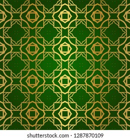 Luxury Seamless Geometrical Linear Texture. Original Geometrical Puzzle. Backdrop. Vector illustration. Green gold color. Design For Prints, Textile, Decor, Fabric