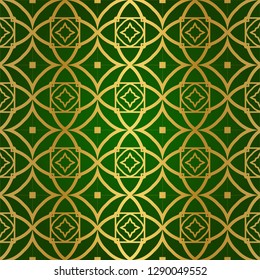 Luxury Seamless Geometrical Linear Texture. Original Geometrical Puzzle. Backdrop. Vector illustration. Green gold color. Design For Prints, Textile, Decor, Fabric