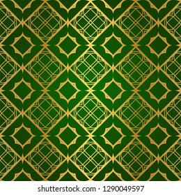 Luxury Seamless Geometrical Linear Texture. Original Geometrical Puzzle. Backdrop. Vector illustration. Green gold color. Design For Prints, Textile, Decor, Fabric