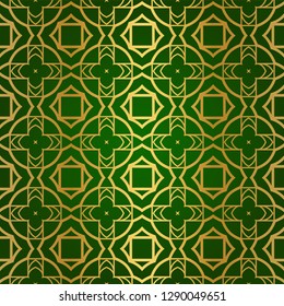 Luxury Seamless Geometrical Linear Texture. Original Geometrical Puzzle. Backdrop. Vector illustration. Green gold color. Design For Prints, Textile, Decor, Fabric